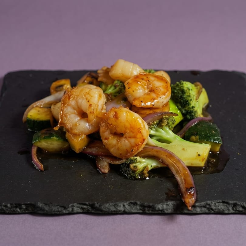 Sautéed shrimp and scallops with broccoli, zucchini, and red onions on a black slate.
